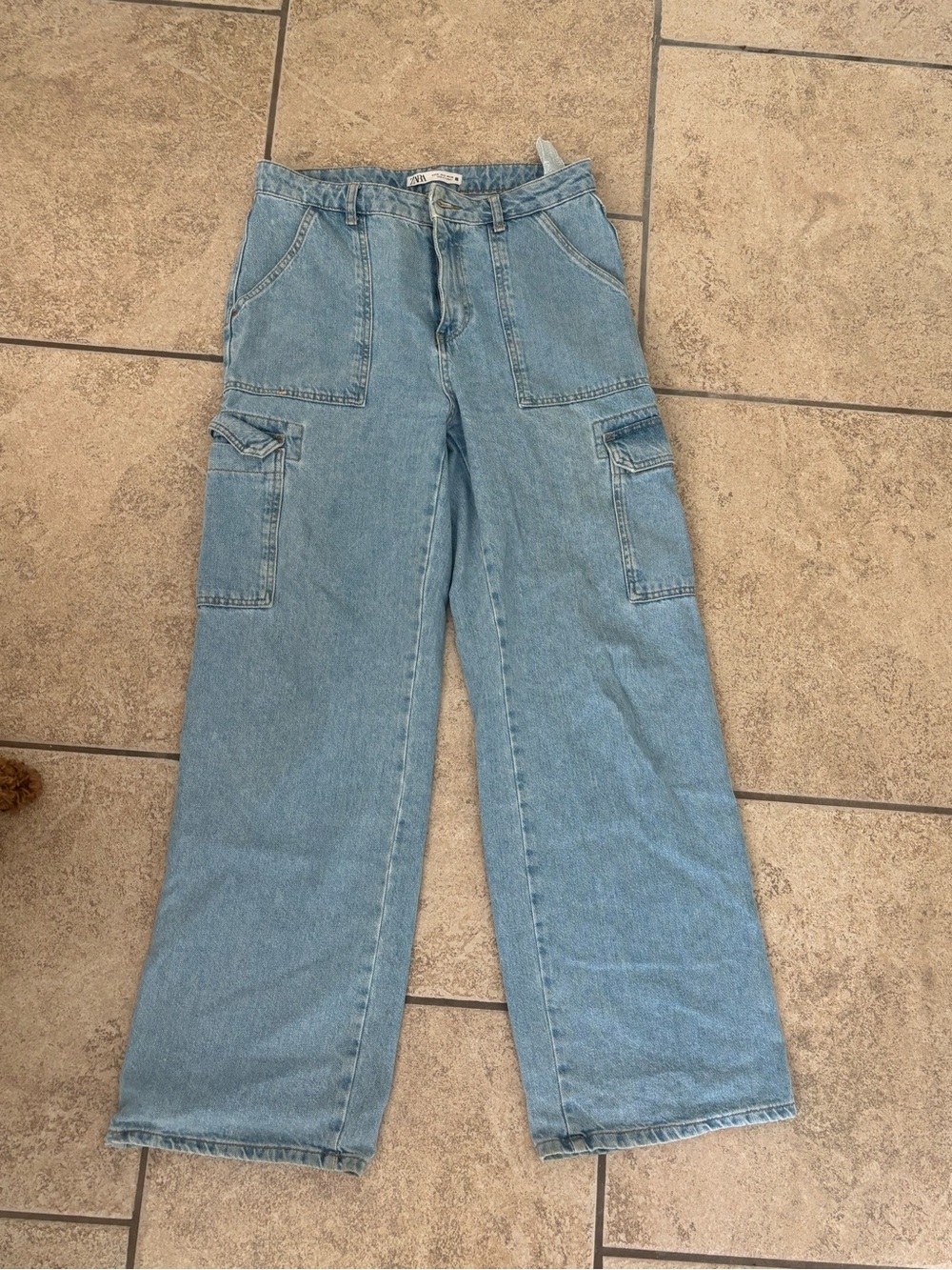 Zara Light Blue Wide-Leg Cargo Jeans - Women